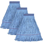 L Luke Supply Matthew Cleaning Heavy Duty Mop Head pack of three front view showcasing the commercial blue cotton looped end design.