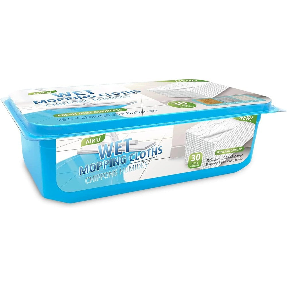AIR U+ Wet Pads Refill front view of packaging box showing thirty count disposable unscented floor wipes.