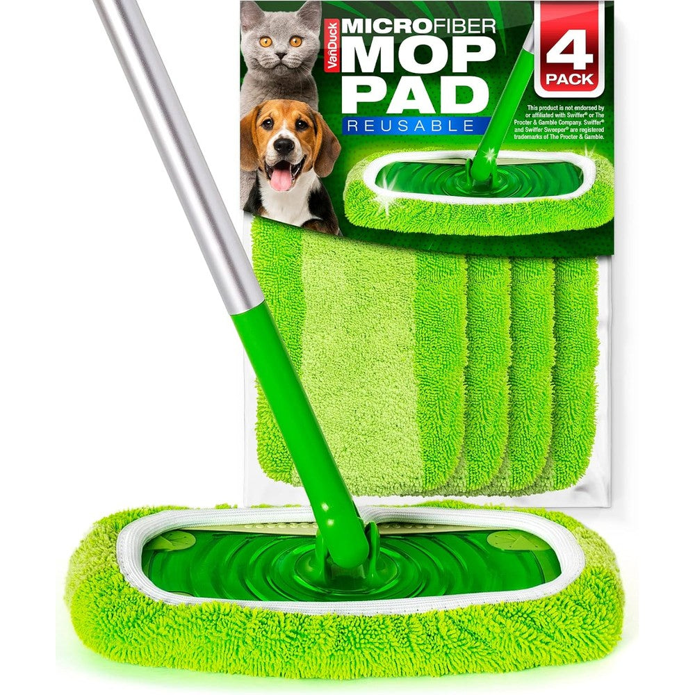 VanDuck reusable microfiber mop pads four pack front view showing green cleaning surface