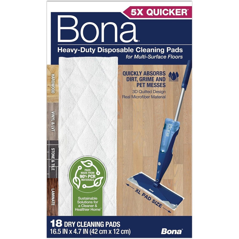 Bona Heavy Duty Disposable Cleaning Pads 18 count front view package showcasing real microfiber 3D design