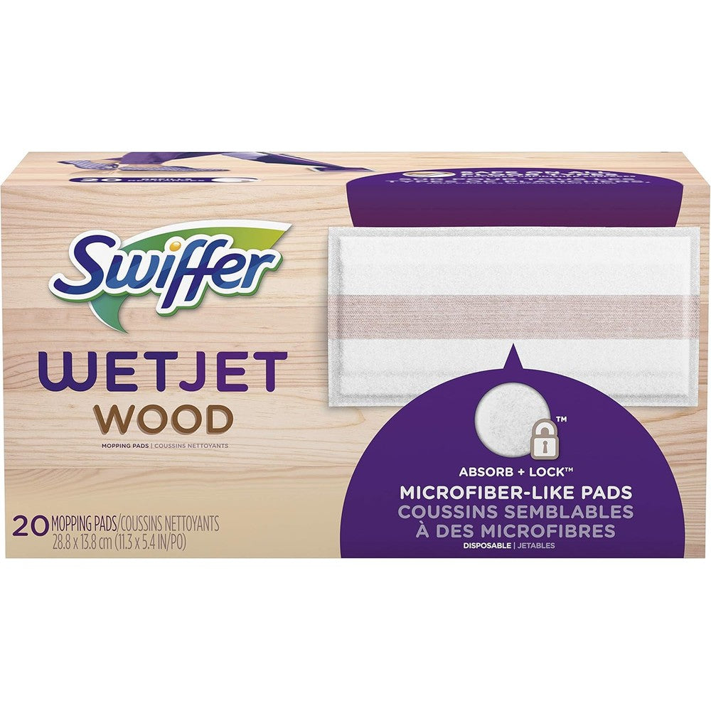 Swiffer WetJet Wood Mopping Pad Refill 20 Count front packaging view for premium hardwood floor care