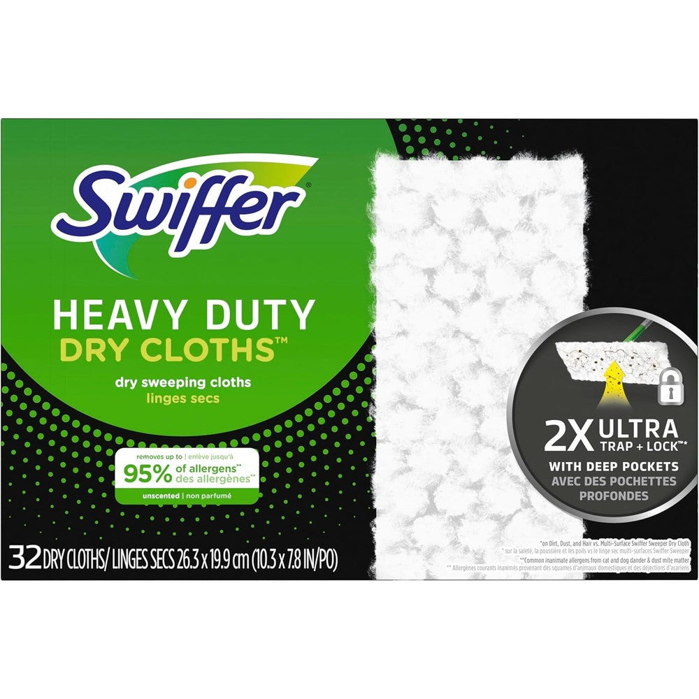 Swiffer Sweeper Heavy Duty Dry Multi Surface Cloth Refills 32 Count packaging front view showing 3D fibers logo.