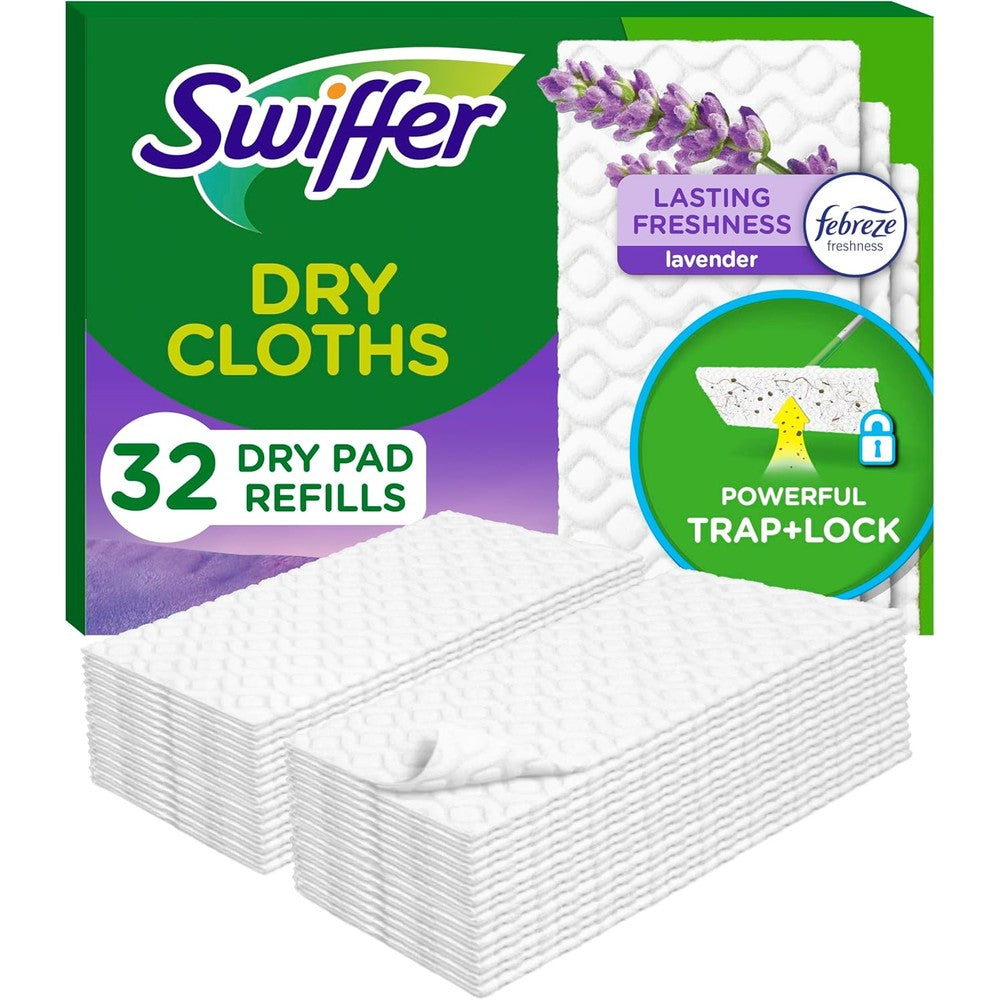 Swiffer Sweeper Dry Sweeping Pad box front view showing 32 count packaging