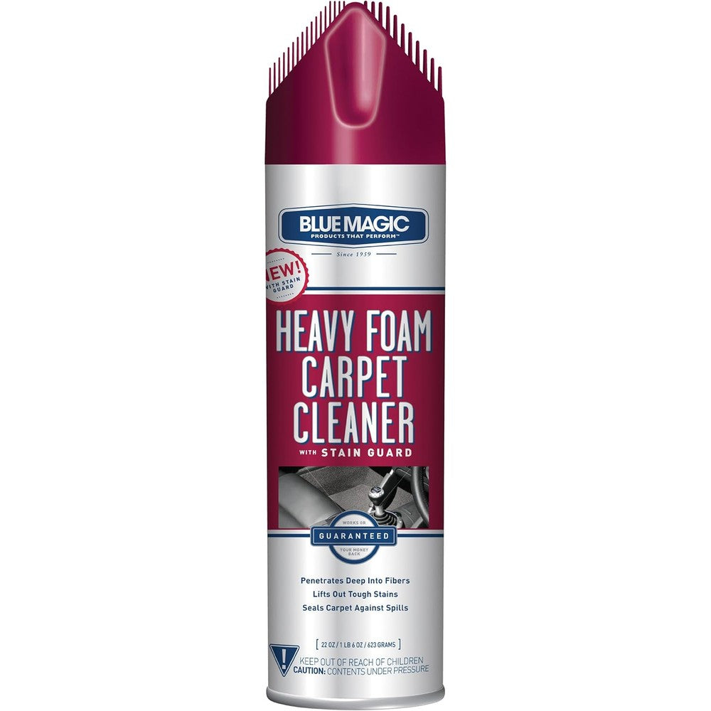 Blue Magic Heavy Foam Carpet Cleaner 22 Ounce bottle front view for deep stain removal.