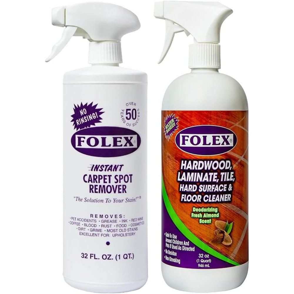 FOLEX Instant Carpet Spot Remover and Hardwood Floor Cleaner spray bottles for home stain removal.