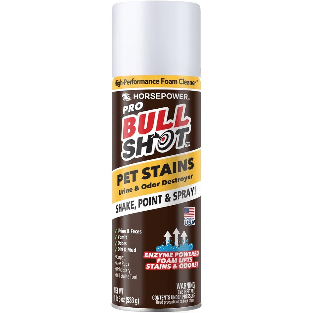 Horsepower Bull Shot Pet Stain Remover front view foaming aerosol spray for carpets.