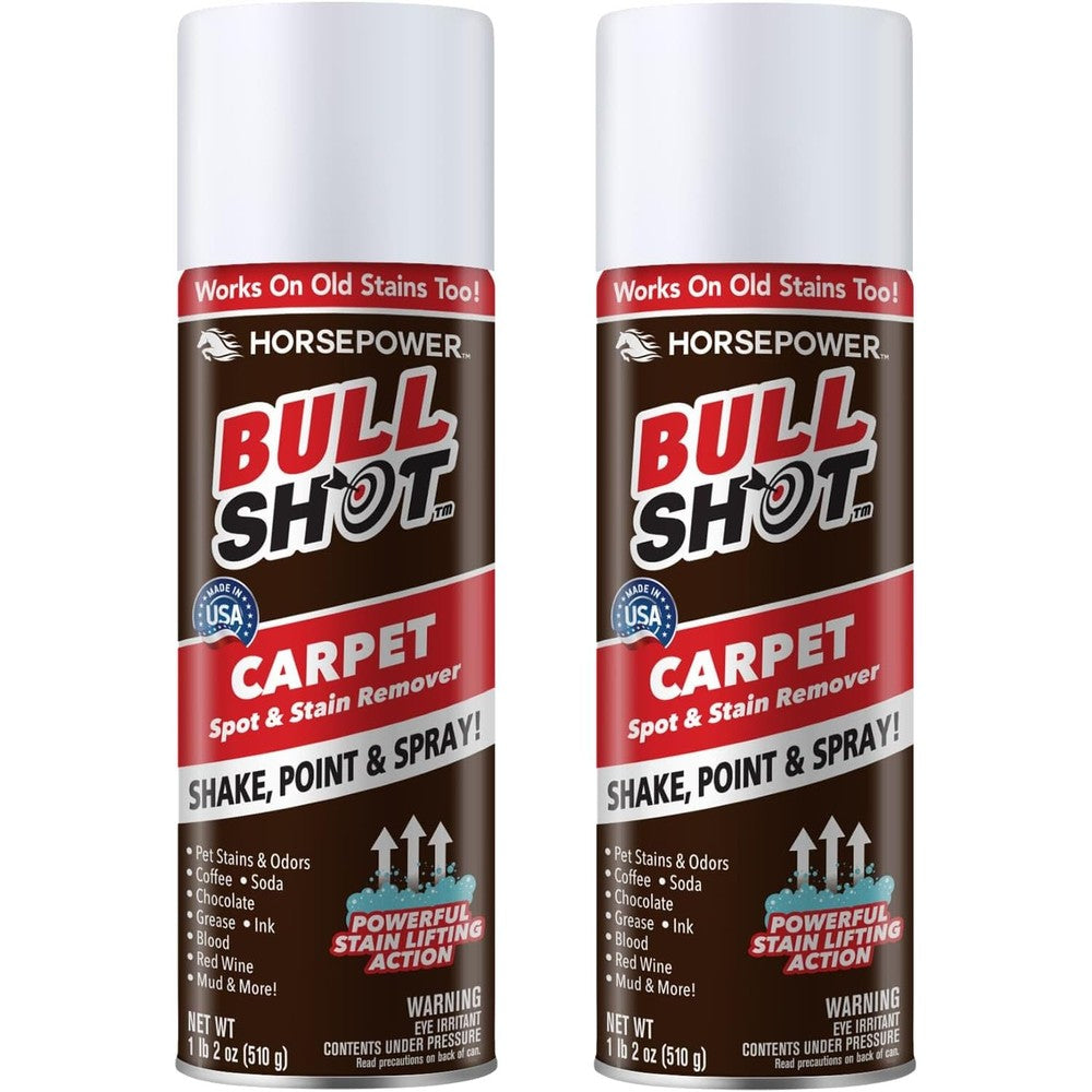 Horsepower Bull Shot Carpet Spot and Stain Remover front view of two aerosol cans for deep cleaning.