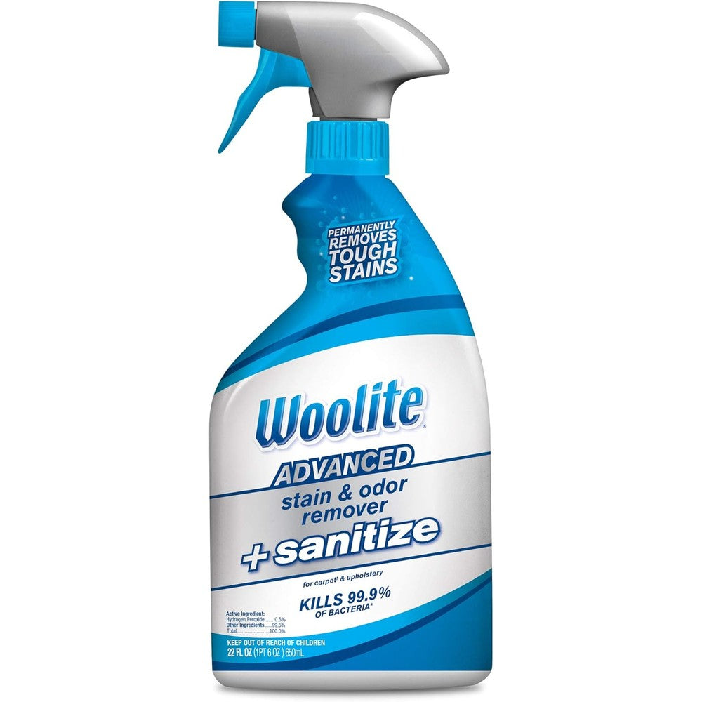 Bissell Woolite Advanced Stain and Odor Remover plus Sanitize 22 fluid ounce bottle front view for professional carpet cleaning.