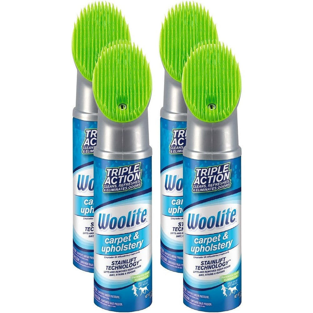 Bissell Woolite Carpet and Upholstery Foam Cleaner 4 pack front view showing built-in scrubbing brush.