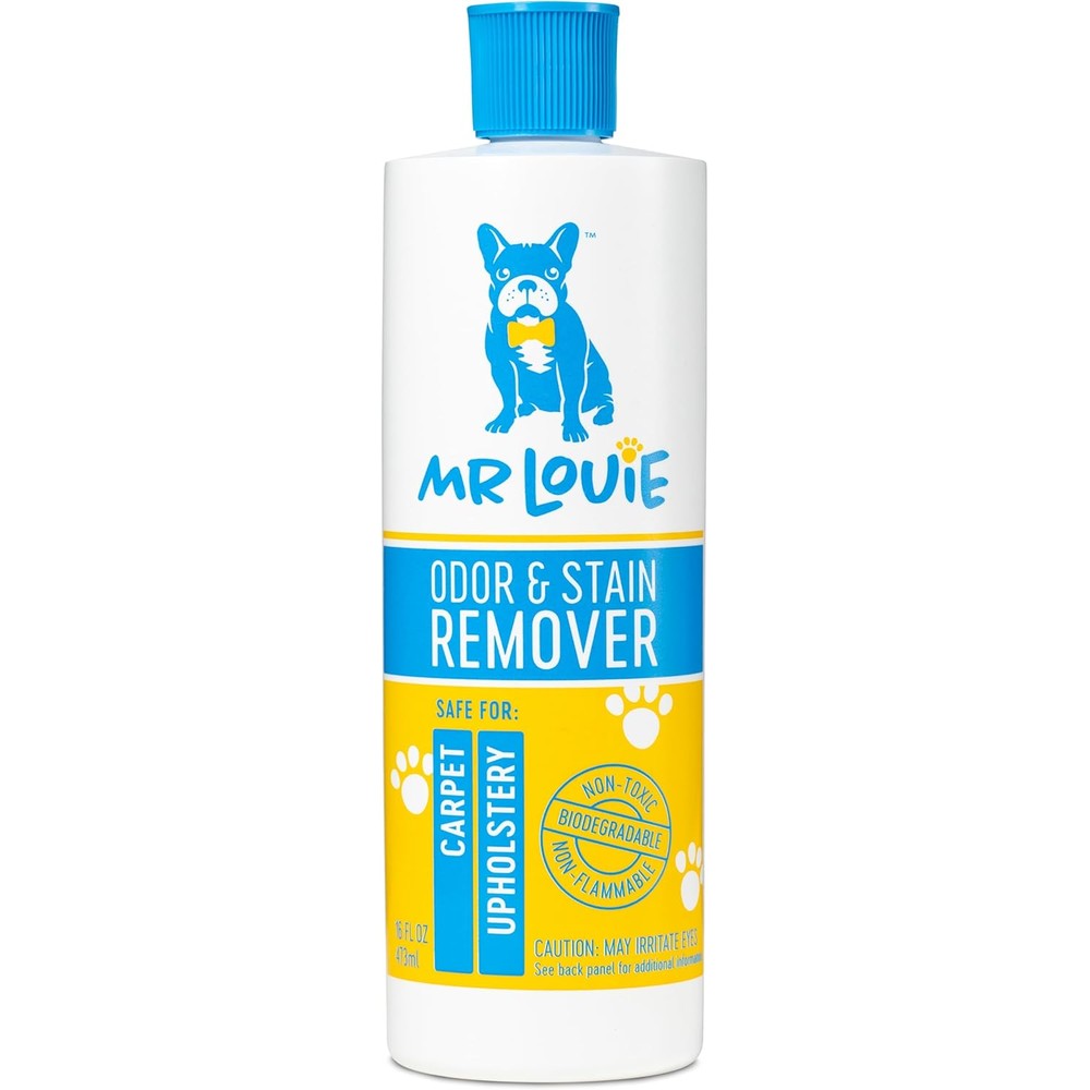 Mr Louie Odor and Stain Remover 16 fluid ounce bottle front view pet safe carpet cleaner