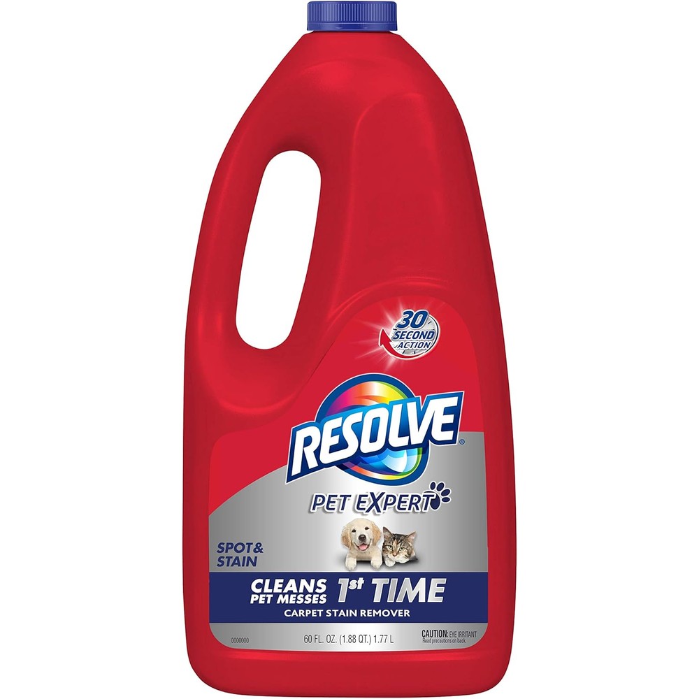 Resolve Pet Expert Carpet Spot and Stain Remover 60 Ounce refill bottle front view for pet odor elimination.
