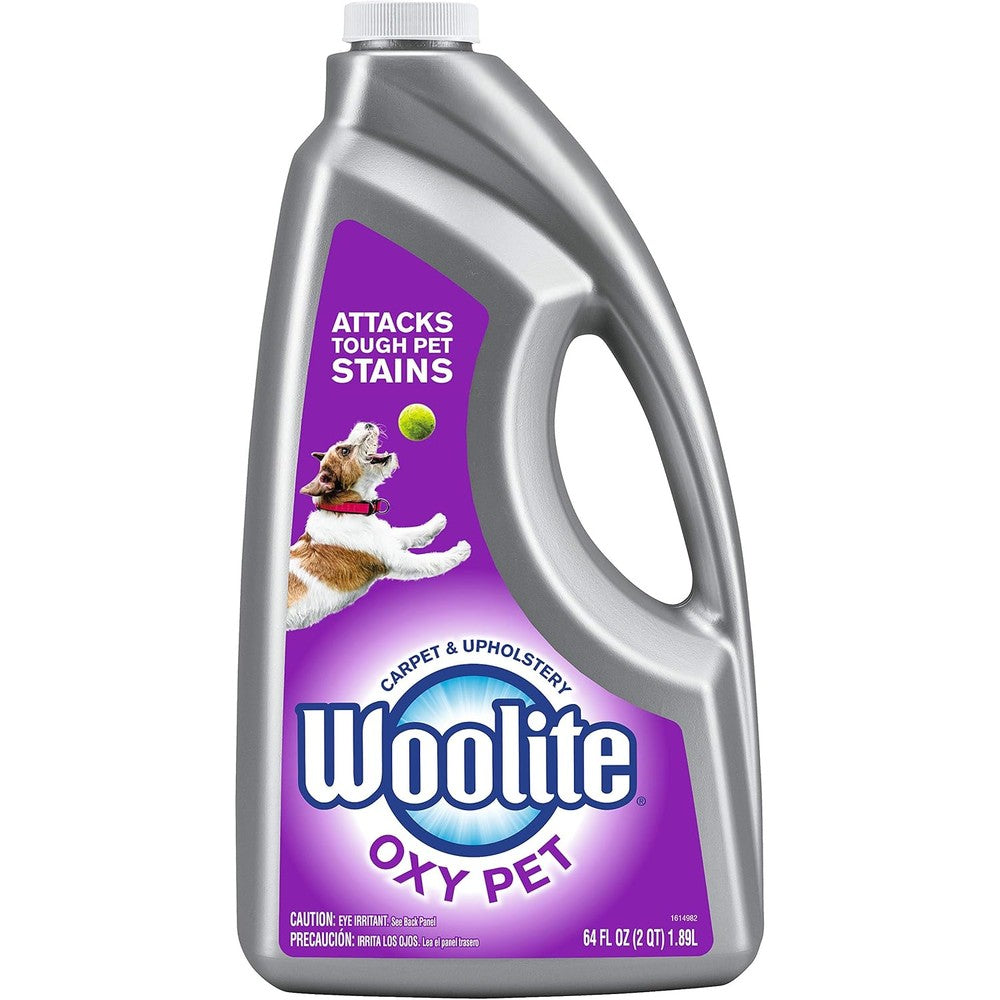 Bissell Woolite Oxy Pet Carpet and Upholstery Cleaning Solution 64 Ounce bottle front view for pet stain removal.