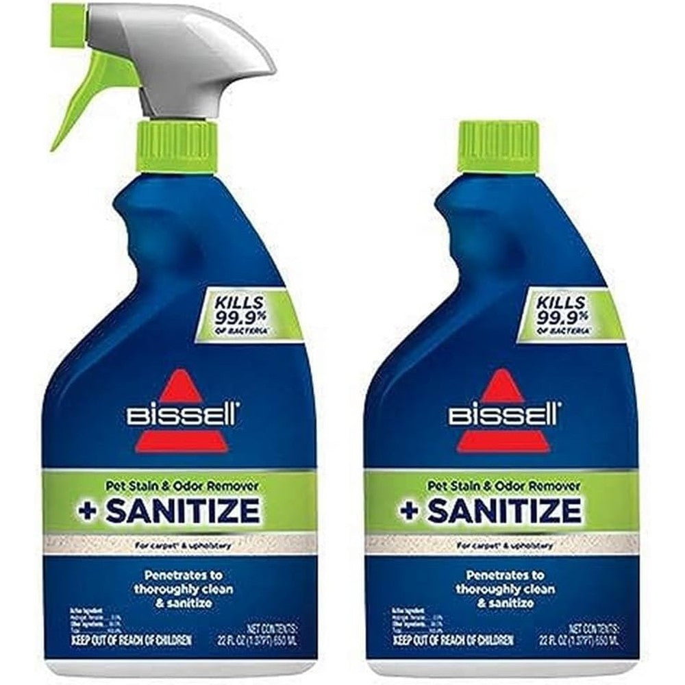 Bissell Pet Stain and Odor Remover plus Sanitize 22 ounce 2 pack front view imported pet cleaning spray.
