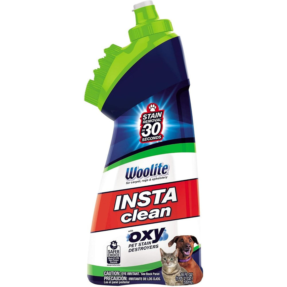 Bissell Woolite InstaClean Pet Stain Remover front view with built-in green scrubbing brush.
