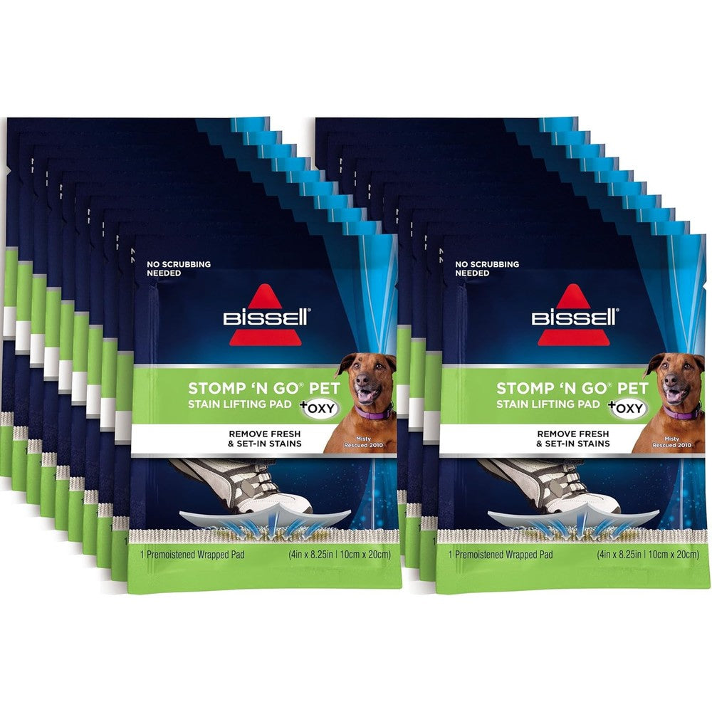 Bissell Stomp 'N Go Pet Lifting Pads 20 pack front view for carpet stain removal.