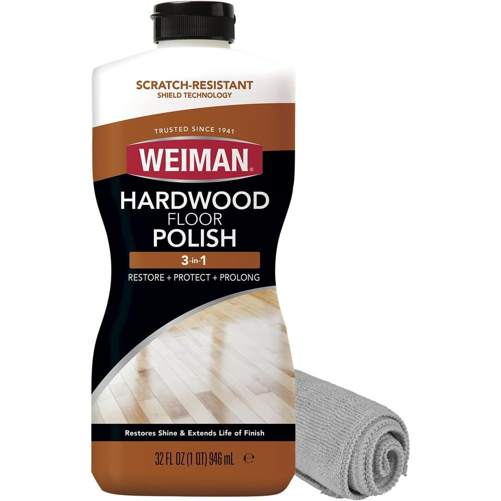 Weiman Wood Floor Polish and Restorer 32 Ounce bottle front view for hardwood floor scratch repair.