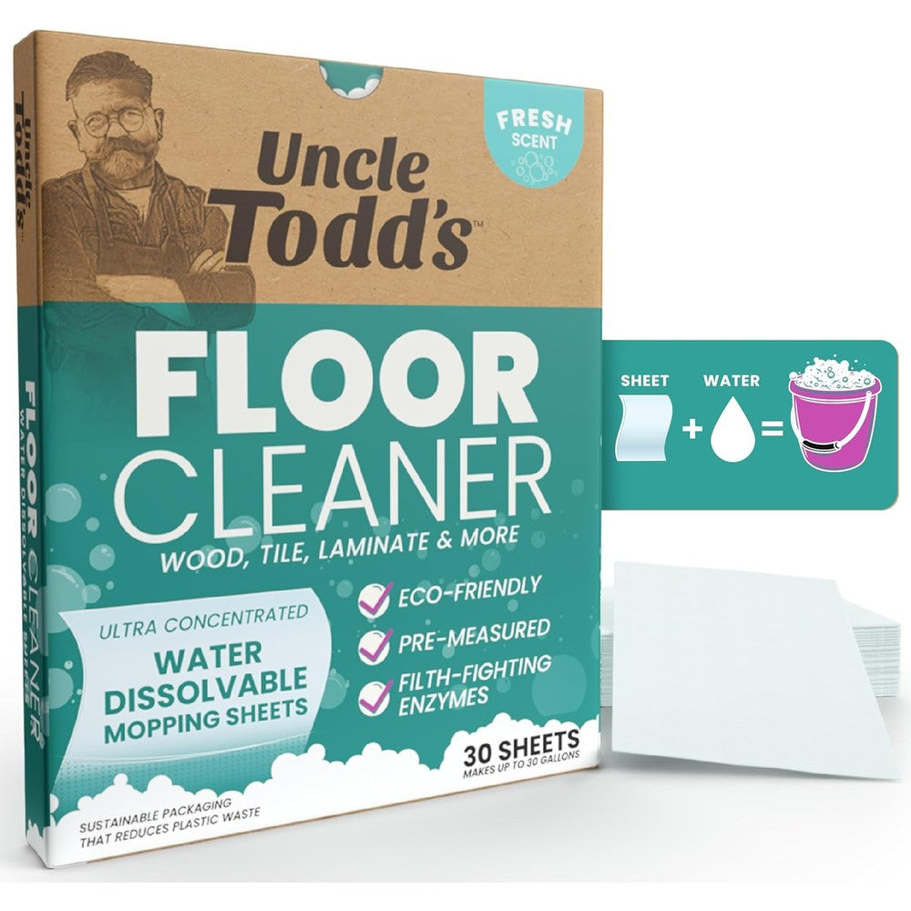 Uncle Todd's Ultra Concentrated Floor Cleaner Sheets front view showing eco-friendly enzyme cleaning formula.