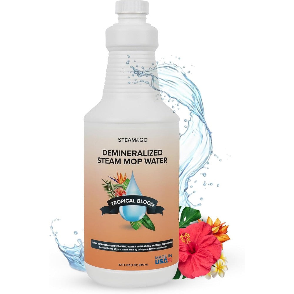 Steam And Go Demineralized Water Tropical Bloom 32 ounce bottle front view for steam mop maintenance.