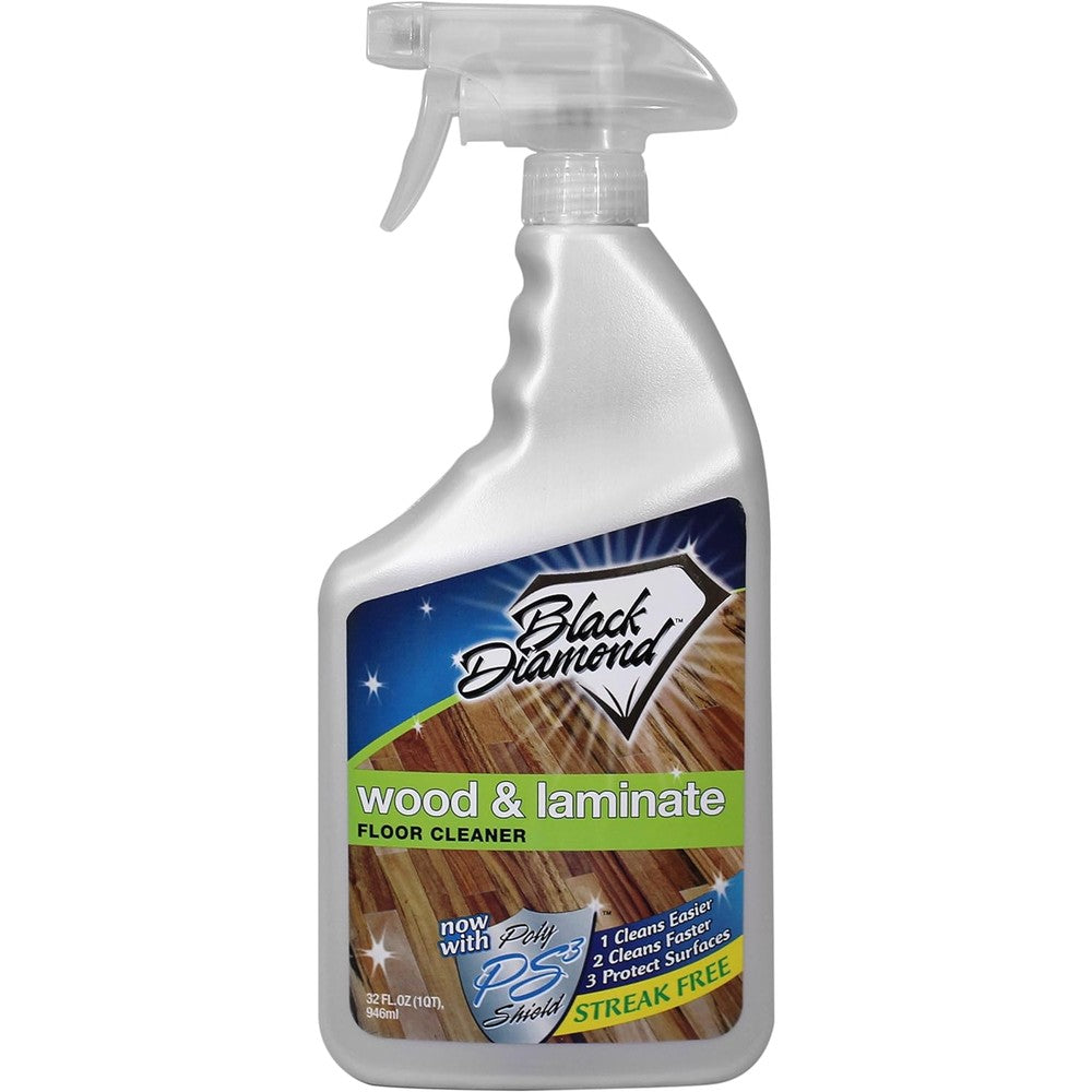 Black Diamond Stoneworks Wood and Laminate Floor Cleaner Spray front view streak-free mopping solution.