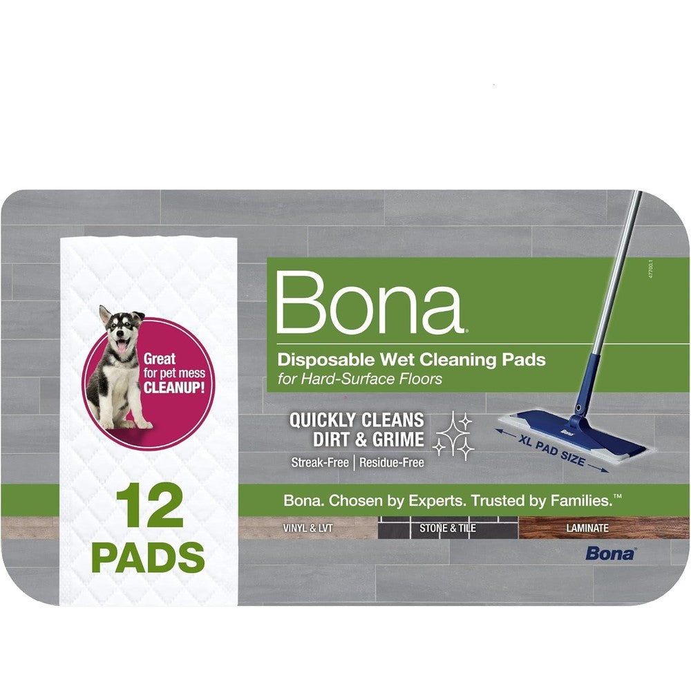 Bona Multi-Surface Floor Disposable Wet Cleaning Pads 12-Pack front view authentic USA imported floor care.