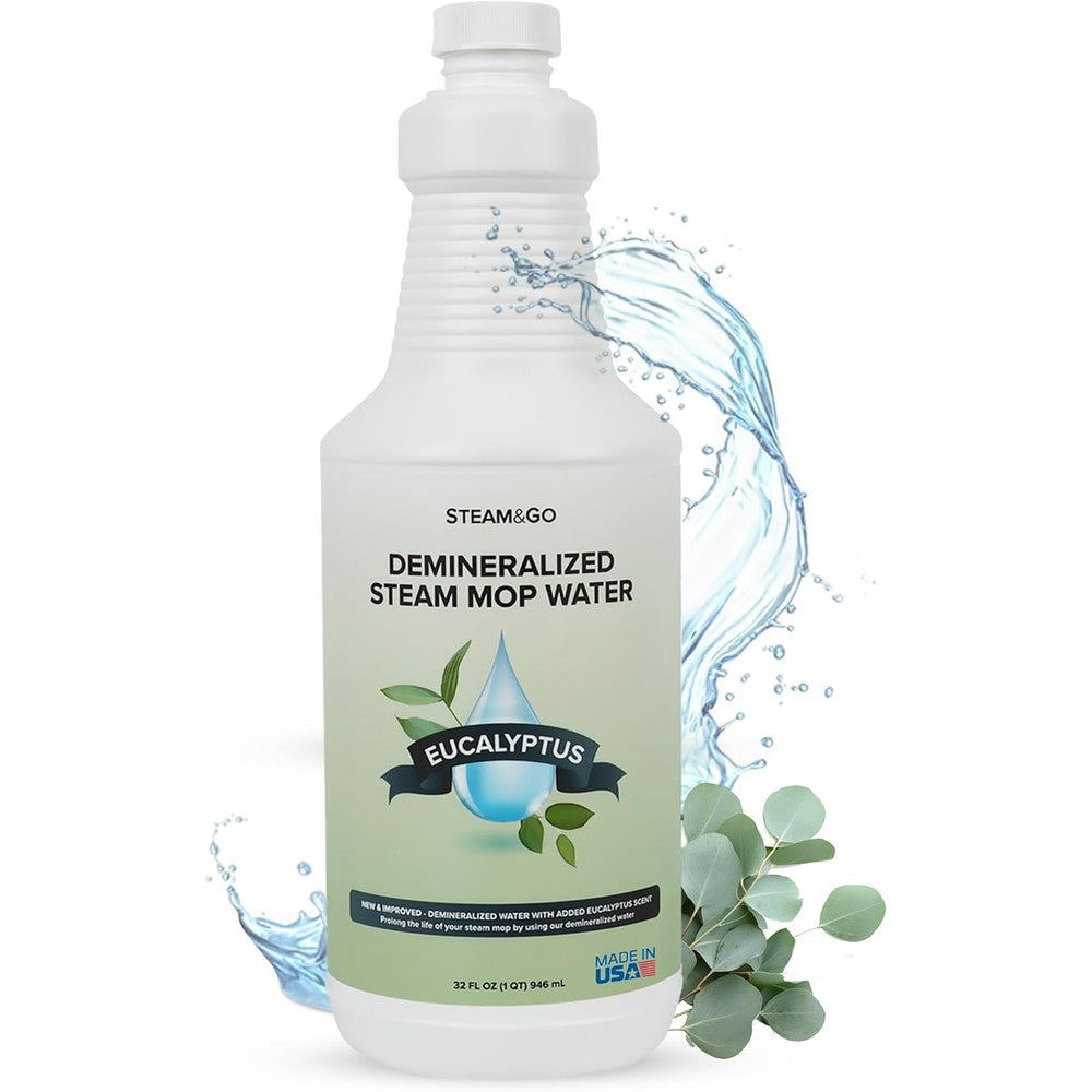 Steam And Go Eucalyptus Mint Demineralized Water 32 Ounce bottle front view for steam mop cleaning.