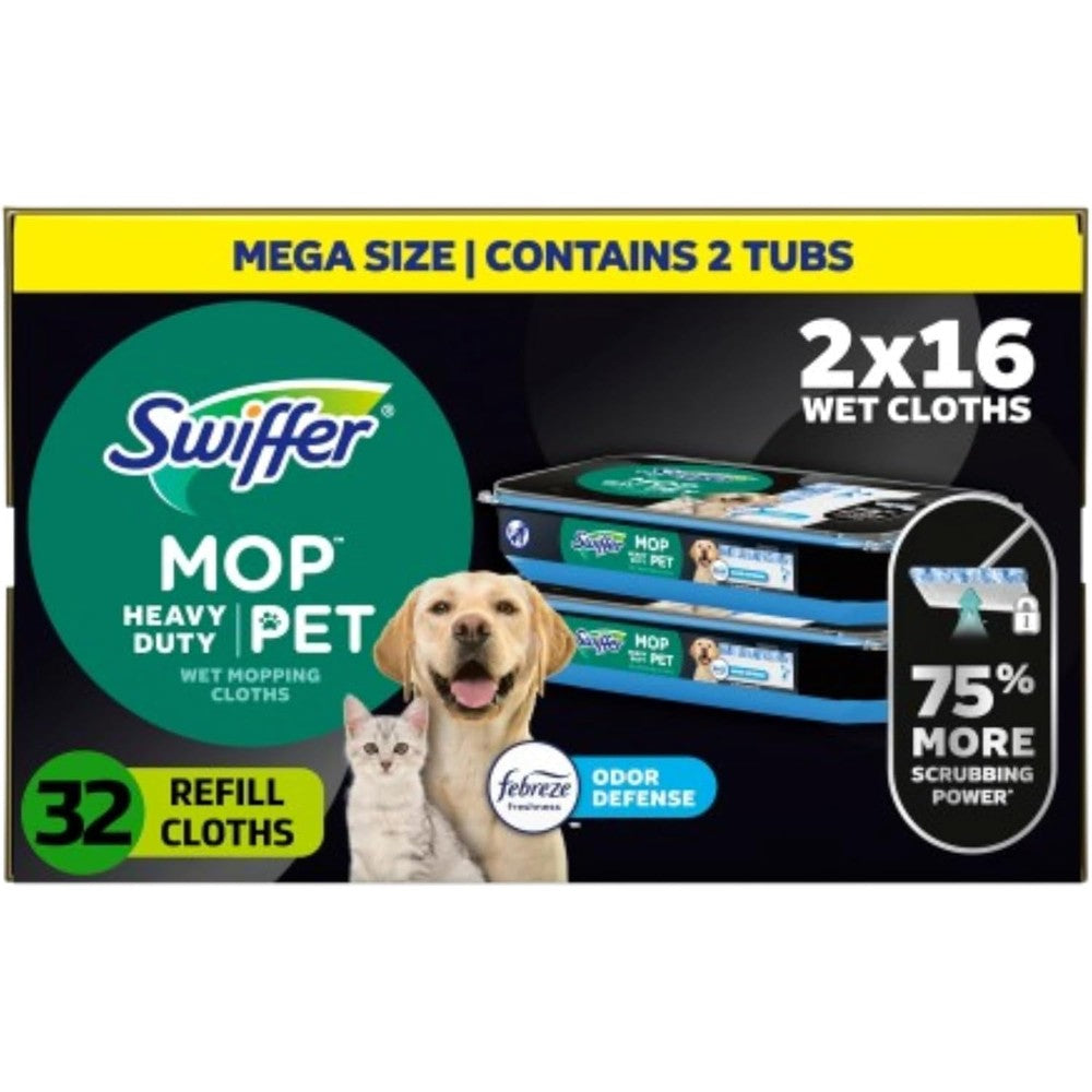 Swiffer Sweeper Pet Heavy Duty Wet Cloth Refills 32 count front view for pet hair cleaning.