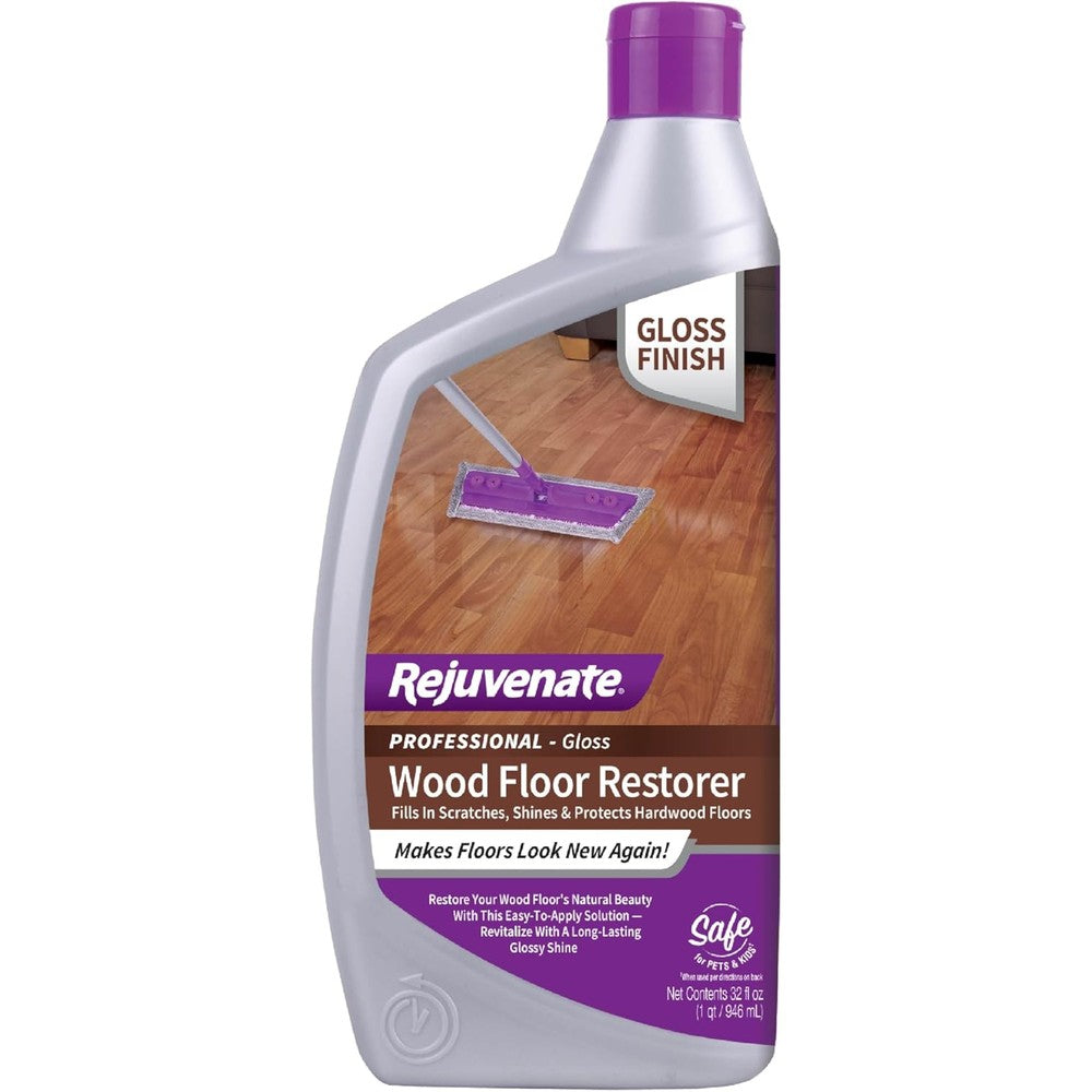 Rejuvenate Professional Wood Floor Restorer 32 Ounce bottle front view for high gloss hardwood shine.