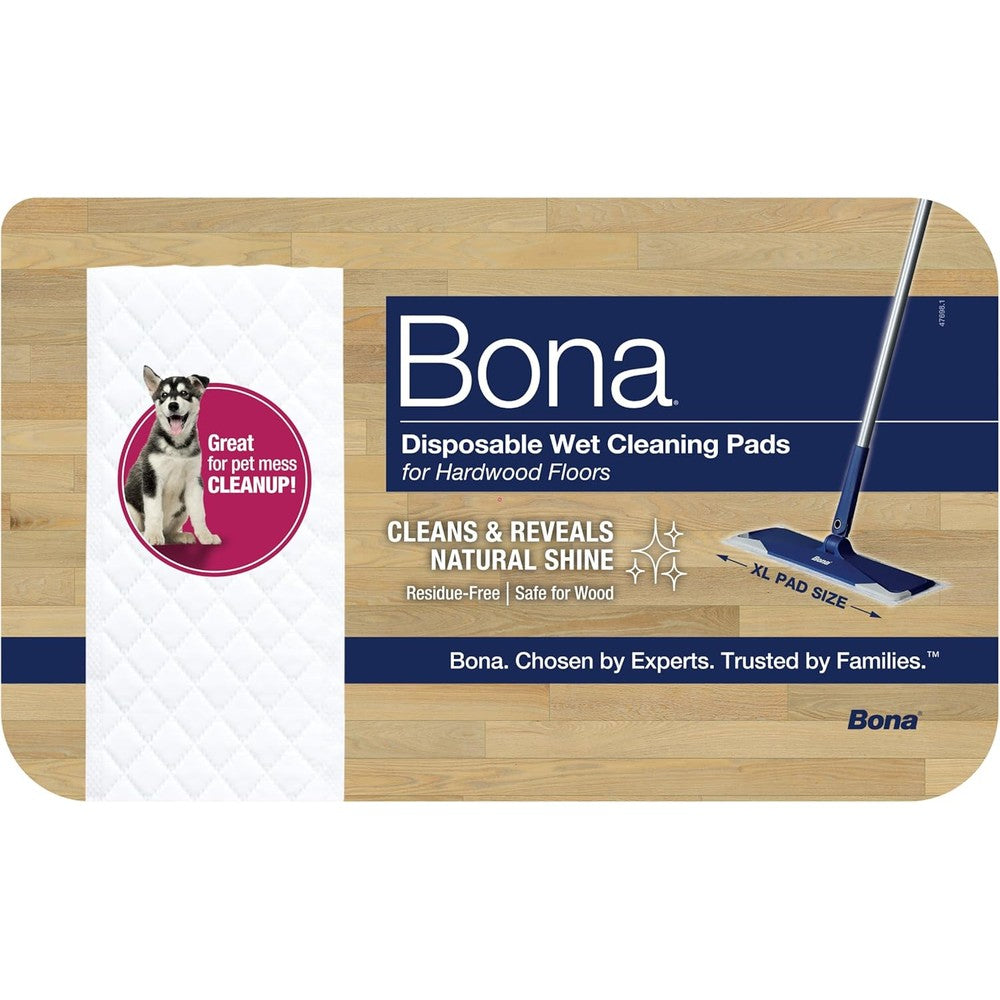 Bona Hardwood Floor Disposable Wet Cleaning Pads 12 count pack front view authentic imported wood cleaner.