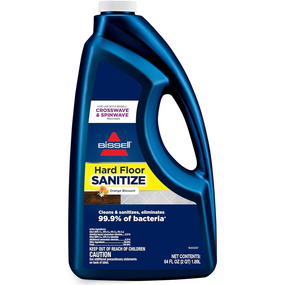 Bissell Hard Floor Sanitize Formula 64 Fluid Ounce bottle front view for deep cleaning and bacteria elimination.