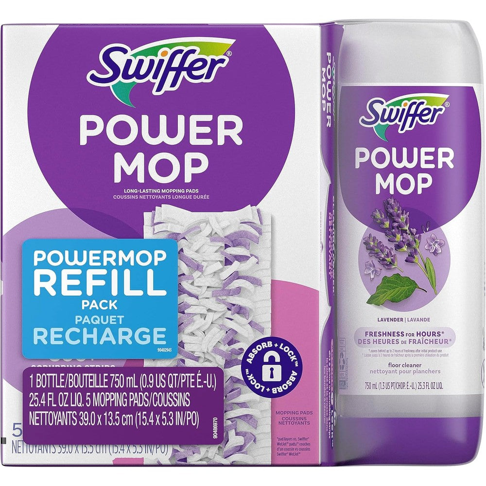 Swiffer PowerMop Multi-Surface Refill Pack front view with lavender solution bottle and five scrubbing pads.