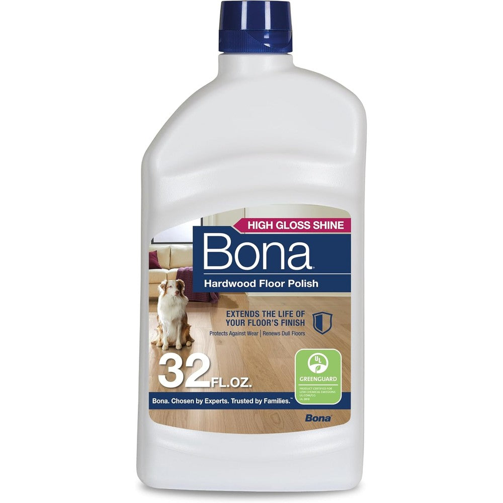 Bona Hardwood Floor Polish 32 fluid ounce bottle front view high gloss shine wood floor protector.