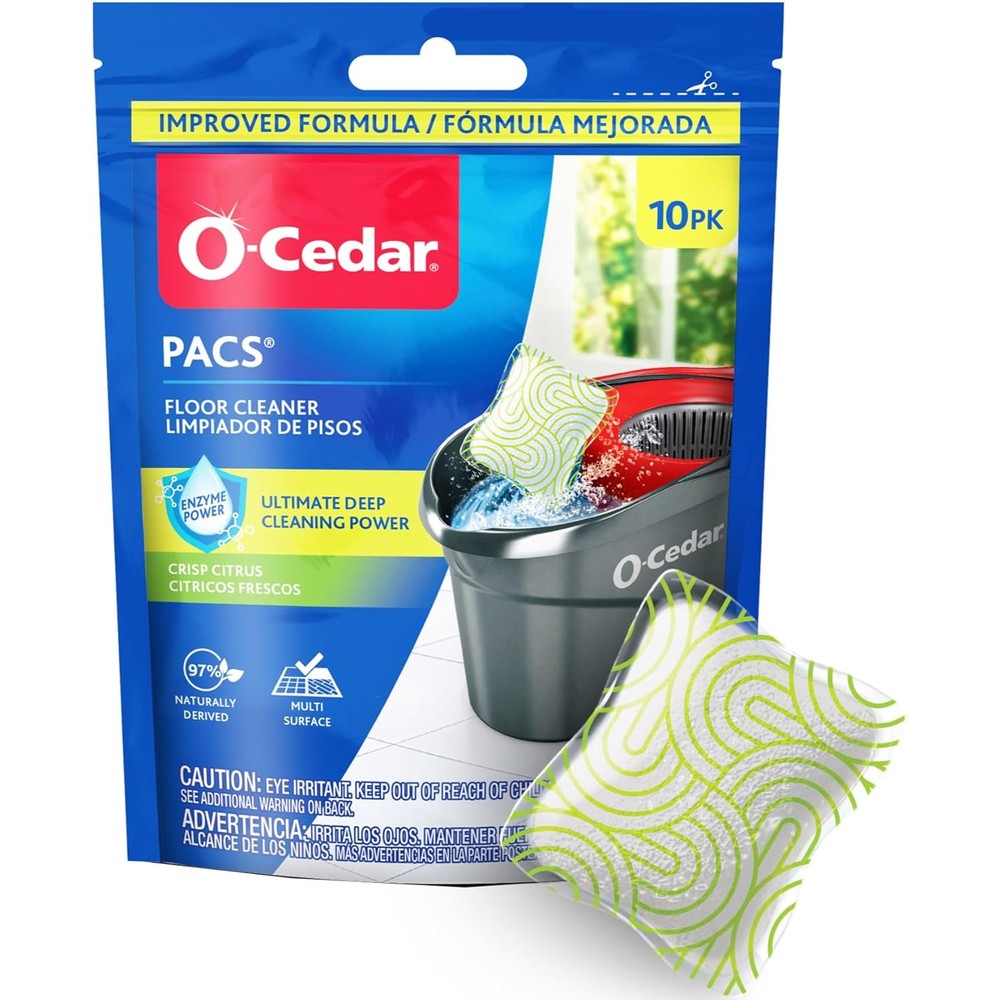 O-Cedar PACS Hard Floor Cleaner Crisp Citrus 10 count front packaging for enzyme mopping pods.