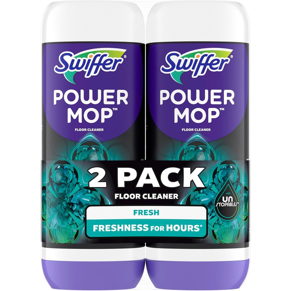 Swiffer PowerMop Floor Cleaning Solution 2-pack front view showing Unstopables Fresh Scent.
