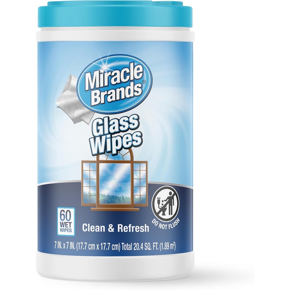 MiracleWipes for Glass 60 count container front view for streak-free cleaning.