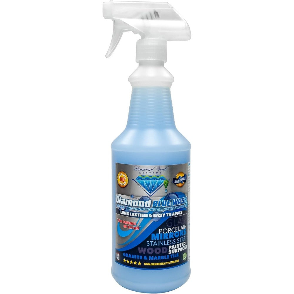 Diamond Seal Systems Diamond Blue Repellent Wash 32 ounce spray bottle front view for multi-surface glass and granite cleaning.