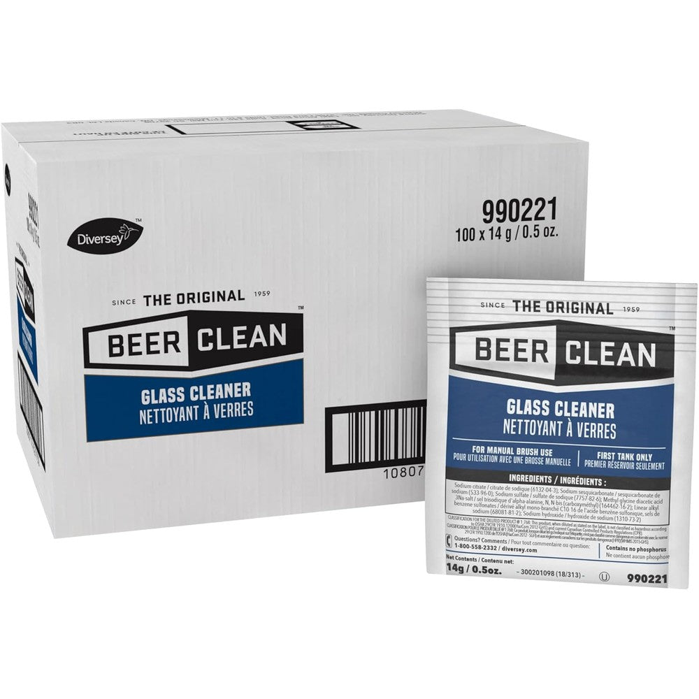 Diversey Beer Clean Manual Glass Cleaner front view of 100-pack case