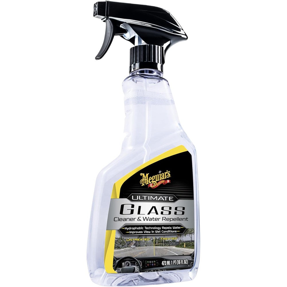 Meguiar's Ultimate Glass Cleaner and Water Repellent bottle front view for car detailing.
