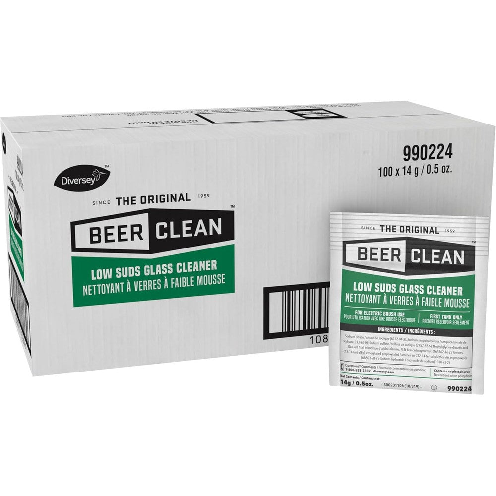 Diversey Beer Clean Low Suds Glass Cleaner 100 Pack front box view