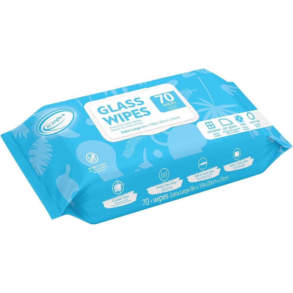 Air Jungles Glass and Window Cleaner Wipes 70 count front packaging for streak free cleaning.