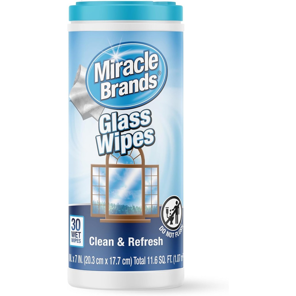 MiracleWipes For Glass 30 count container front view for streak-free cleaning.