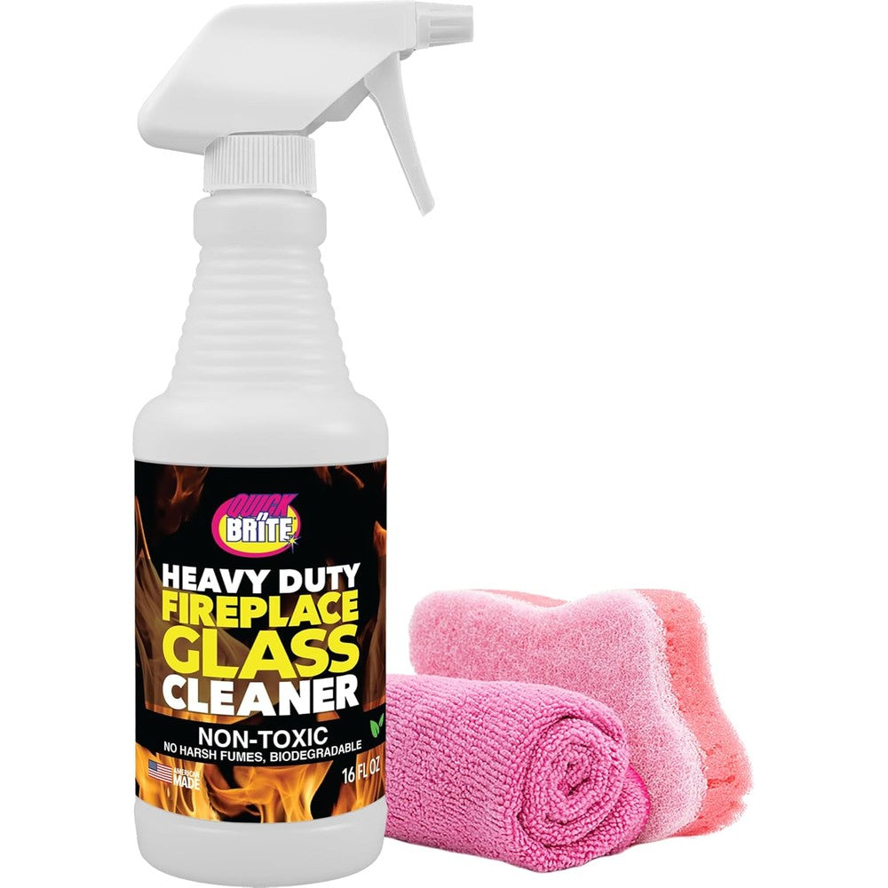 Quick 'n Brite Fireplace Glass Cleaner Kit front view with spray bottle and sponge