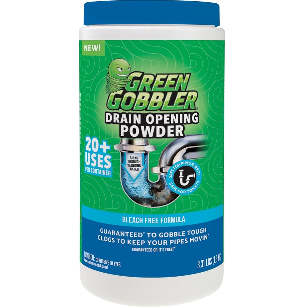 Green Gobbler Drain Clog Remover Powder front view authentic imported drain cleaner.