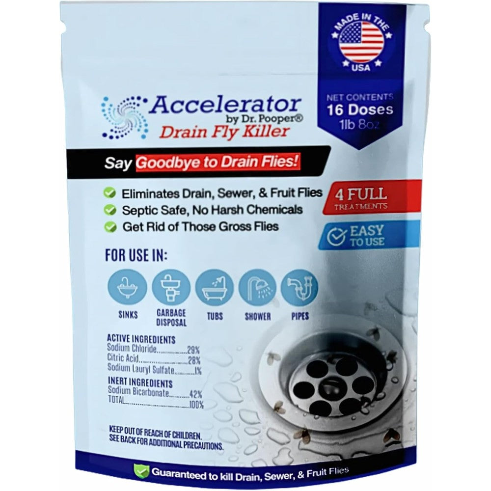 Accelerator by Dr. Pooper Drain Fly Killer Powder front view for sink and shower pest control.