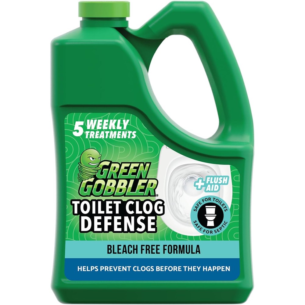 Green Gobbler Toilet Clog Defense bottle front view for preventative plumbing maintenance.