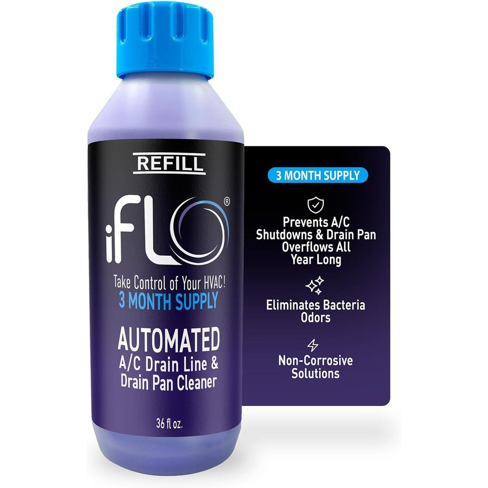iFLO Smart AC Drain Line Cleaner 36 ounce cartridge front view for HVAC maintenance.