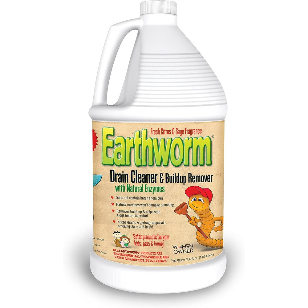 Earthworm Natural Enzyme Drain Cleaner 64 fluid ounce bottle front view eco friendly plumbing maintenance.
