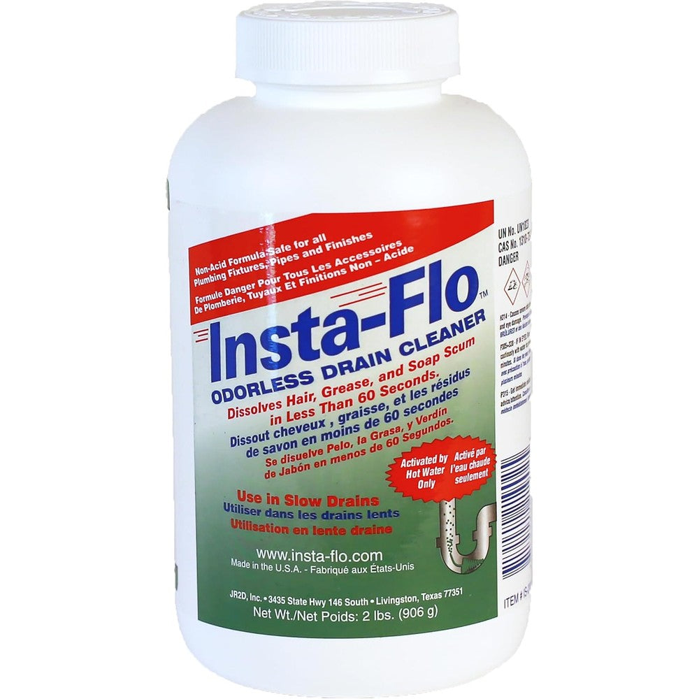 Insta-Flo Thrift Marketing IS-200 2 pound container front view powerful odorless crystal drain opener