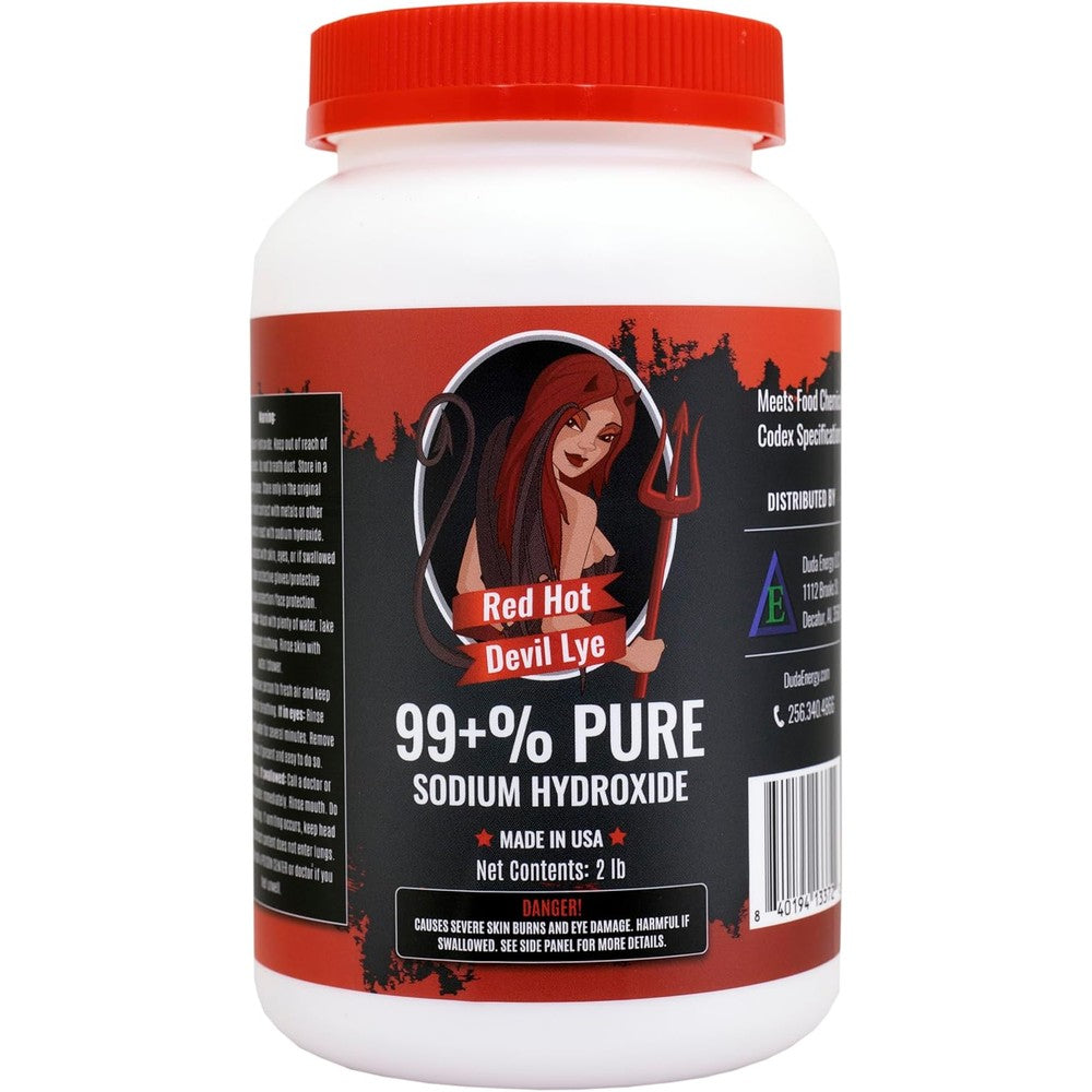 Duda Energy Red Hot Devil Lye 2 pound bottle front view 99 percent pure caustic soda for soap making.