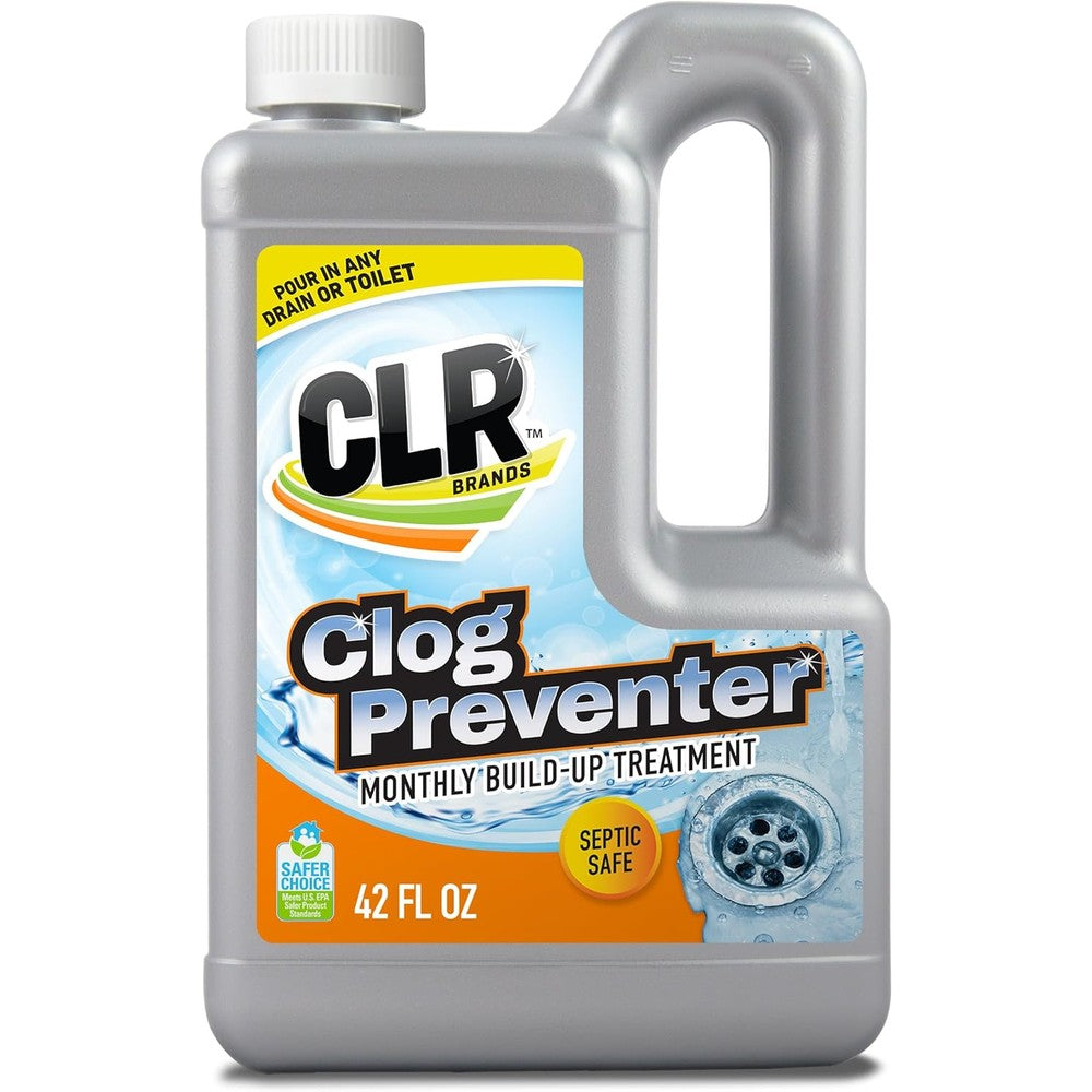CLR Brands Clog Preventer 42 Ounce bottle front view for preventative drain maintenance.