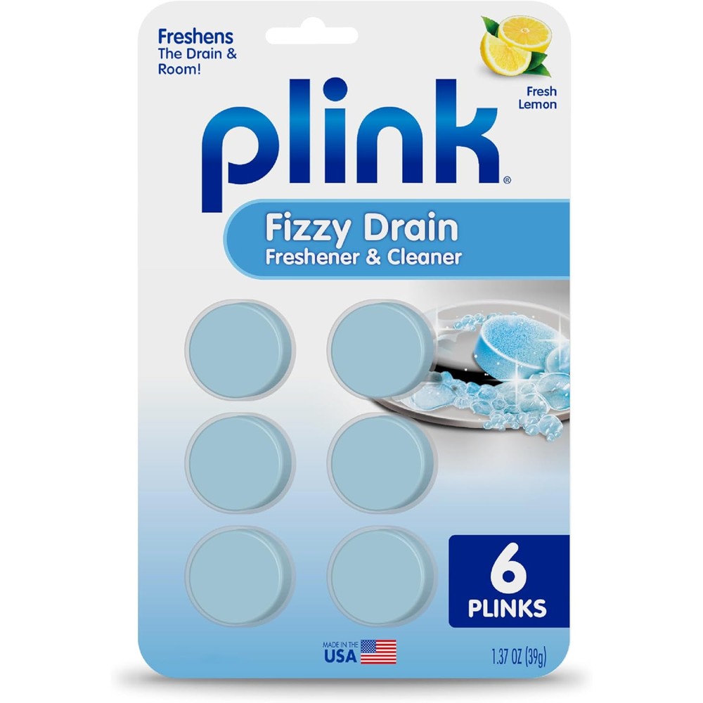 Plink Fizzy Drain Freshener and Cleaner Lemon 6 Count package front view for sink deodorizing.